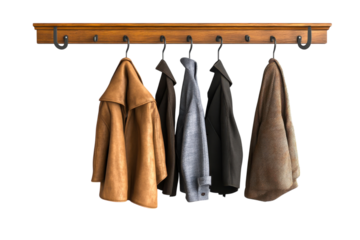 Stylish coats hanging on a rustic wooden coat rack showcasing a variety of textures and colors
