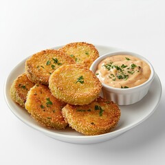 Crispy Golden Breaded Fried Green Tomatoes Served with Creamy Herbal Dipping Sauce on a Clean White Plate &ndash; A Rustic, Cozy Culinary Delight with Natural Lighting for Food Photography