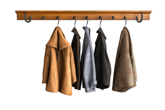 Stylish coats hanging on a rustic wooden coat rack showcasing a variety of textures and colors