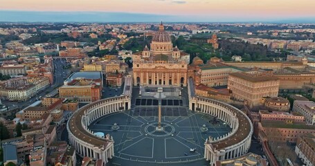 Aerial shot of the Vatican city state in Rome, Italy. Drone view of Saint Peter Basilica in Vatican State. Rome, Italy. A tourist attraction for all religious people