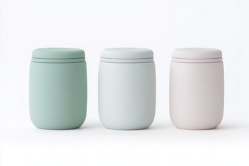 Three stylish, modern, cylindrical containers in pastel shades