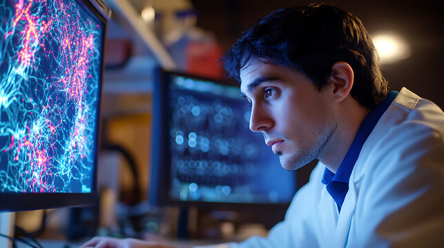 A neuroscientist researching brain computer interfaces for paralysis recovery, lab with neural probes, interface devices
