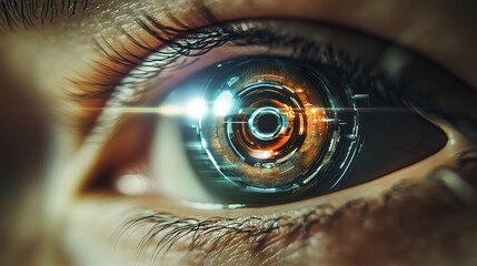 Close up of a human eye with a futuristic digital interface overlaying the iris and pupil area