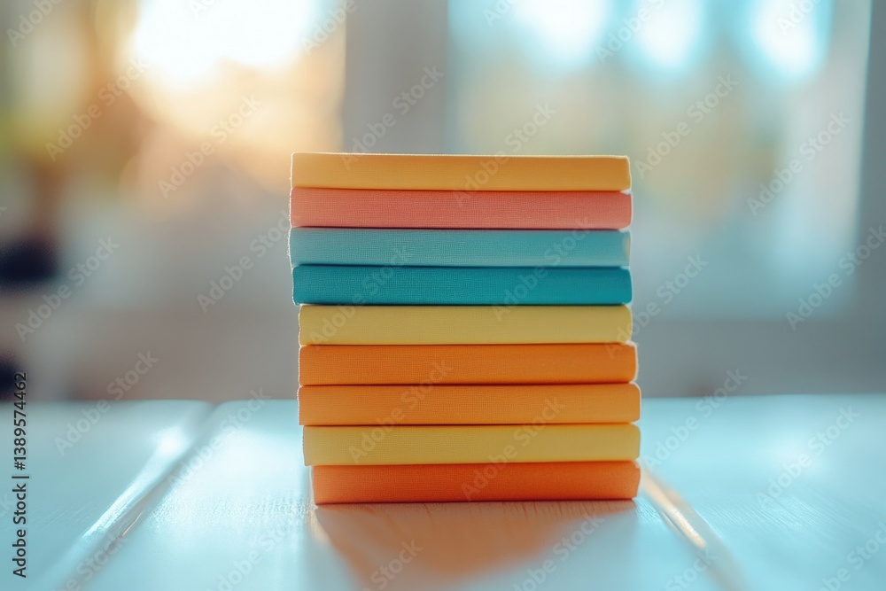 Poster a stack of colorful notebooks or books are layered on a white table with a blurred background.