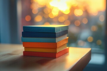 Stack of colorful sticky notes on wooden surface, soft focus background with bokeh lights, office concept.