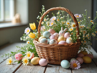 Obraz premium Vibrant Easter Backgrounds – Colorful Eggs, Cute Bunnies, Spring Flowers, and Festive Decor for Celebrations, Greeting Cards, and Digital Media
