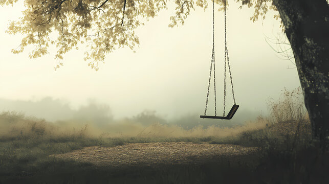 Empty swing gently moving in the wind in a desolate playground suggesting loss of a loved one and the passage of time. Echoing Loss. Illustration