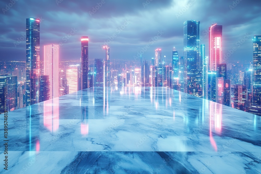Poster futuristic cityscape with towering skyscrapers illuminated with neon lights, reflected on a marble s