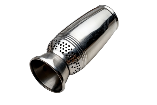 Sleek stainless steel water filter perforated design minimalist aesthetic bright studio shot clean