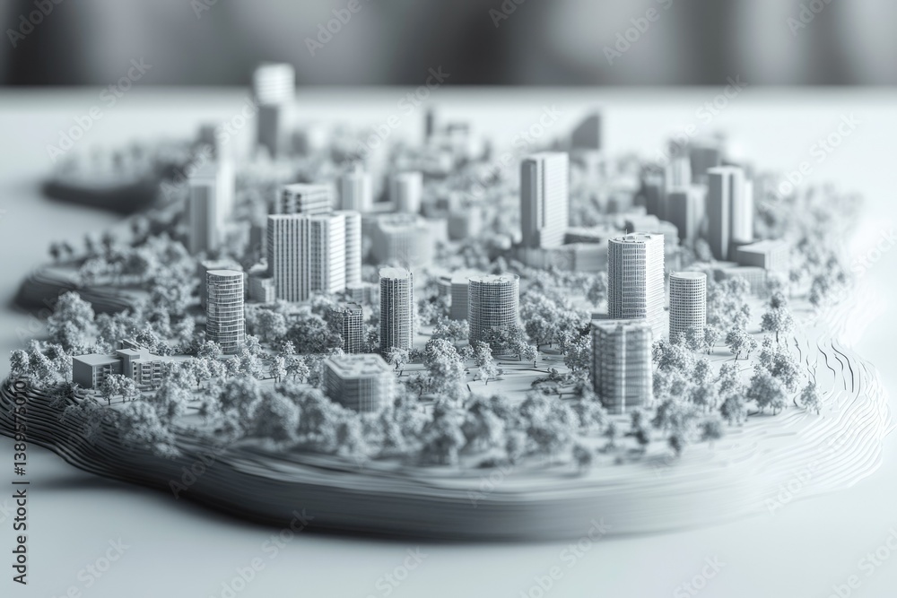 Poster monochrome architectural model showcasing a detailed urban landscape with buildings and trees, prese