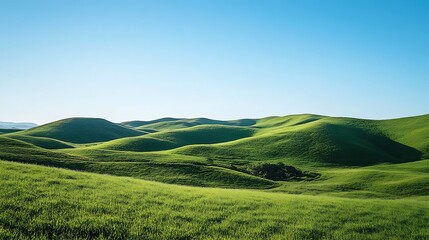 Fototapeta premium Lush green rolling hills under a clear blue sky.