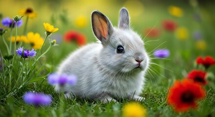 White Rabbit in Colorful Flowers