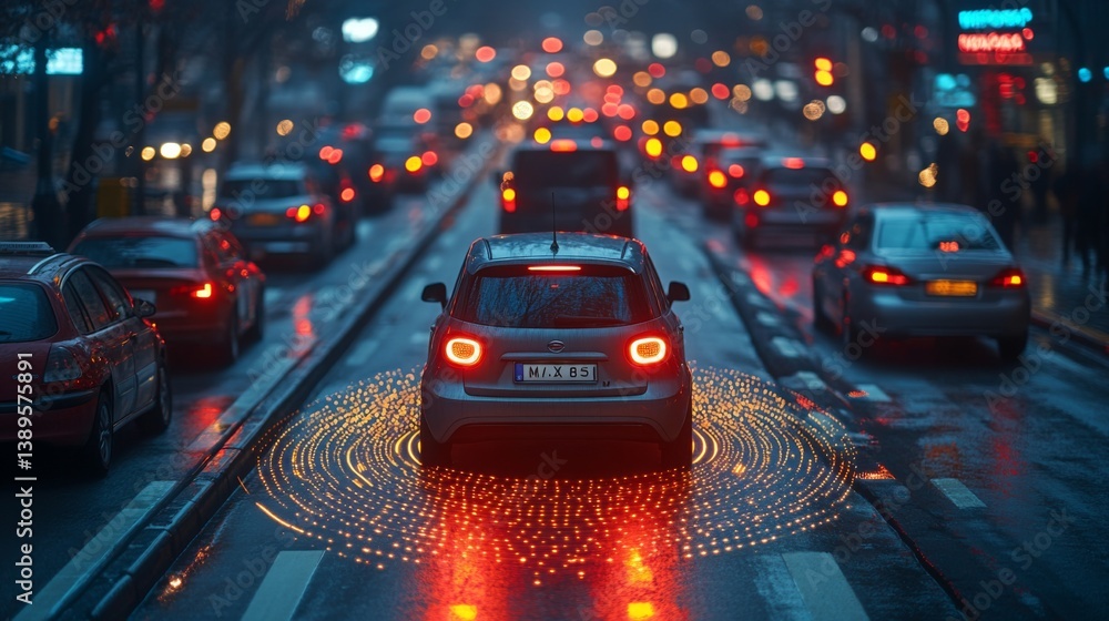 Aufkleber A city street bustling with traffic shows an autonomous vehicle utilizing advanced connectivity and sensor technology. Raindrops create a reflective surface, enhancing the high tech atmosphere.
