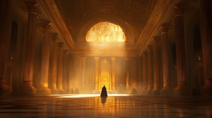 Mystical figure stands in golden grandeur, illuminated by radiant light