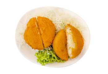 Top view of camembert cheese croquette with fork, focus selective