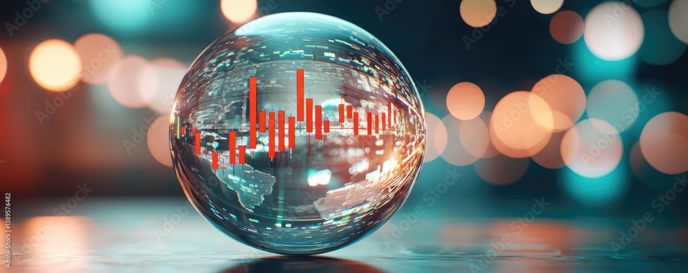 Poster candlestick in crystal globe forecasting financial growth concept. abstract globe with financial dat