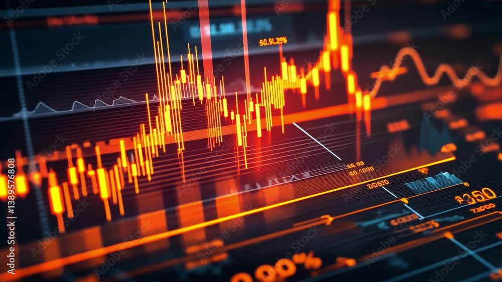 Poster detailed representation of stock market trends with abstract graphs and data overlays, featuring bri