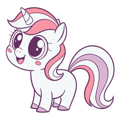 Fototapeta premium This cute kawaii unicorn features a happy face, large expressive eyes, and a vibrant mane and tail. It stands out against a pure white background, appealing to fans of whimsical art
