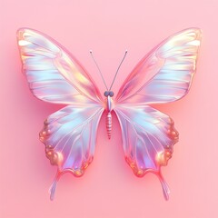 A beautiful iridescent butterfly with delicate wings and pink background