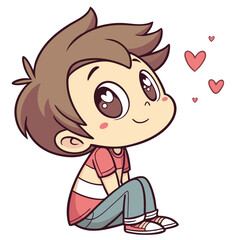 A cute boy with big eyes and a cheerful smile sits with his legs crossed. He wears a red shirt and jeans, surrounded by floating hearts that convey happiness and affection