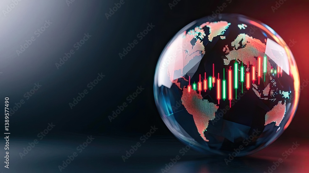 Poster candlestick in crystal globe forecasting financial growth concept. digital globe with financial data