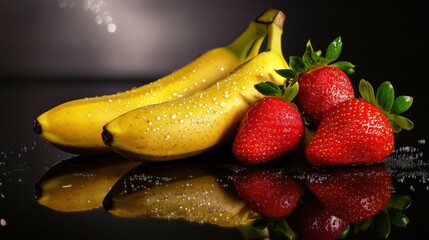 Fresh Bananas and Strawberries with Water Droplets on a Reflective Dark Surface