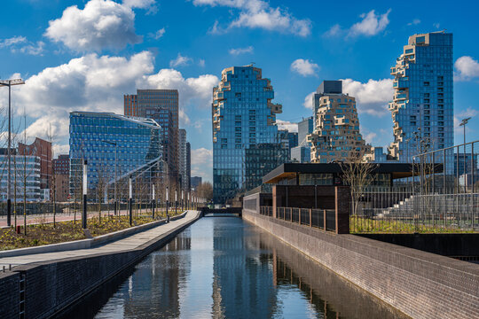 Skyline of Amsterdam Zuidas, modern financial district of Amsterdam known for its futuristic architecture