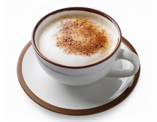 Fototapeta premium Creamy cappuccino in a white cup with cinnamon sprinkled foam on white background
