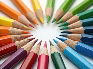 Fototapeta premium Abstract art featuring a vibrant circular array of multicolored pencils, creating a geometric pattern reminiscent of architectural photography.