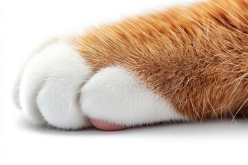 Gentle orange cat paw close up soft fur white pads delicate details pure white background