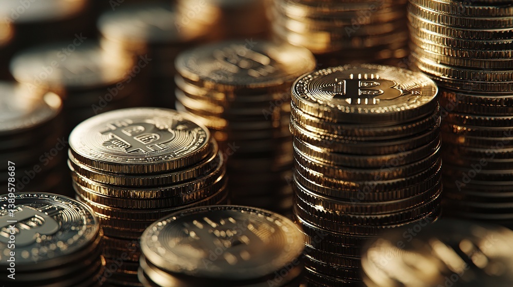 Poster financial technology coin stacks with graphs background display
