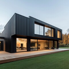 Naklejka premium A modern black exterior residential house with large windows