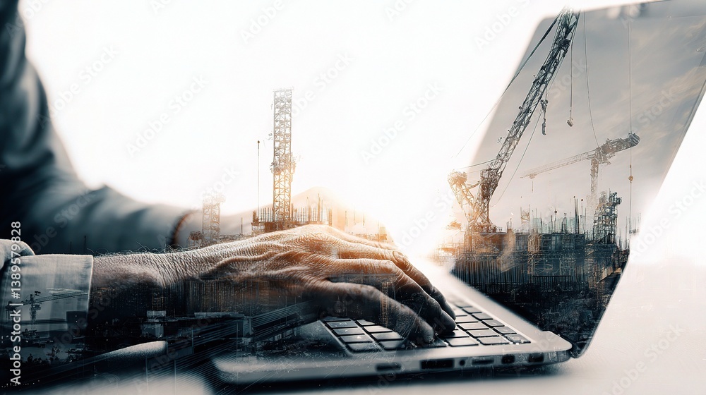 Poster hands on computer keyboard with double exposure graphic elements