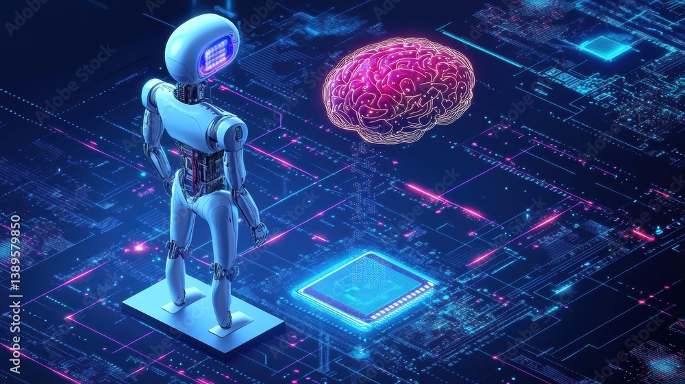 Fototapete Exploring futuristic AI technology with robot, microchip, and digital brain on dynamic holographic platforms