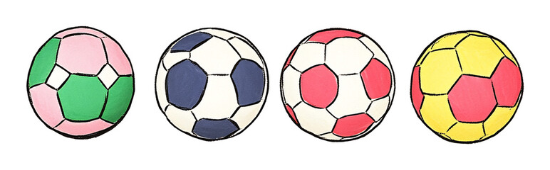 Vibrant colorful soccer balls playfully arranged against white background. AI Generated