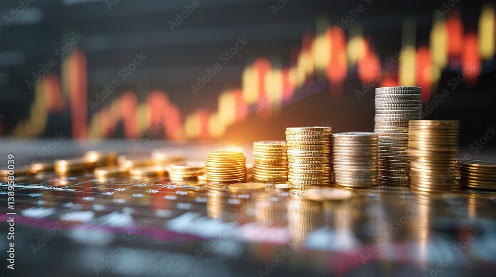 Poster double exposure of coins with financial graph background in rows