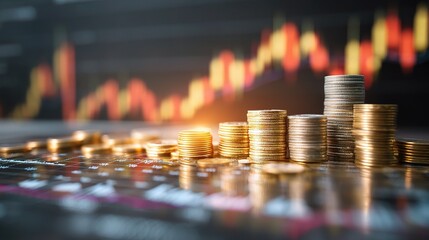 Double Exposure of Coins with Financial Graph Background in Rows