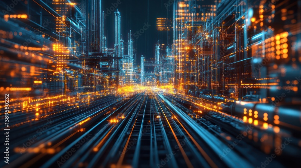 Poster dynamic digital city landscape with glowing data streams and modern infrastructure