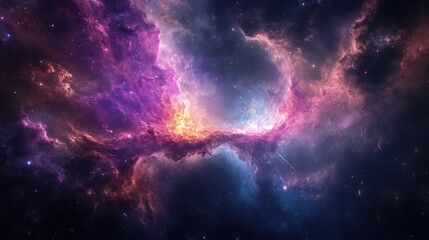 Obraz premium Vibrant Cosmic Nebula Phenomena: Stunning Interstellar Cloud in Rich Shades of Purple and Orange, Gallant Stars Embedded in an Awe-Inspiring Celestial Landscape Captured with High-Definition Clarity