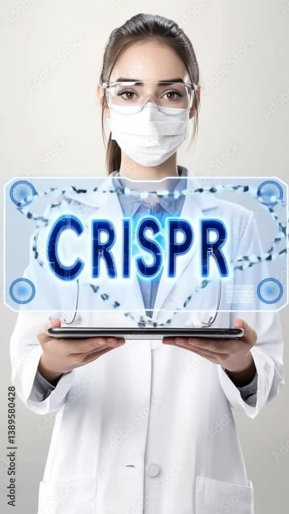 Poster futuristic scientist displaying crispr technology in a laboratory setting
