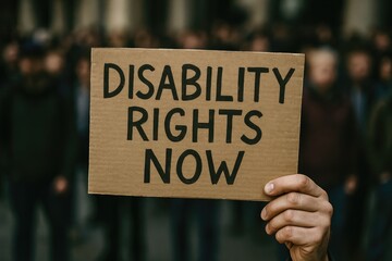 Hand Holding a "Disability Rights Now" Sign