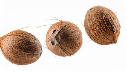 Tasty coconuts flying in the air isolated on white background. Tropical fruit. Natural product.