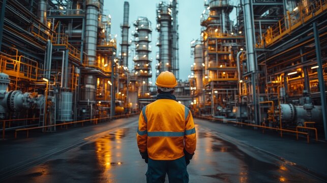 A worker in a safety jacket and hard hat stands in front of a power generation facility. The scene is illuminated by the glow of machinery and reflects a commitment to energy production.