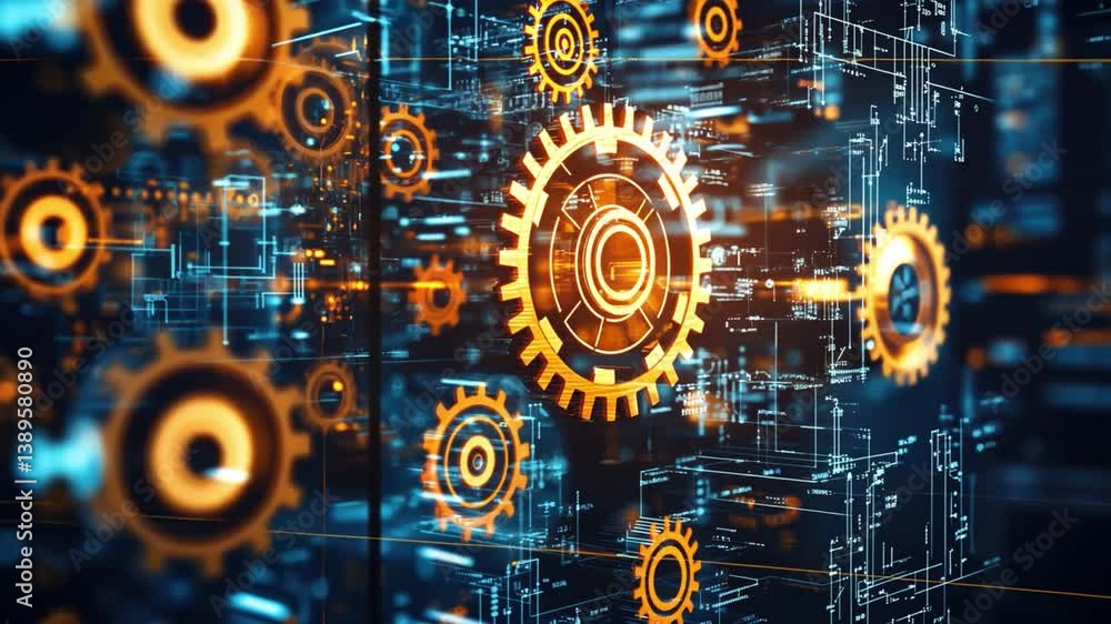 Poster abstract digital background featuring intricate gears and technology elements, illustrating innovati