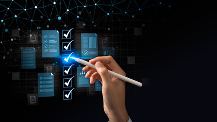 operator makes mark on survey topic ,Auditing and evaluating the quality and efficiency of personnel ,Checklist with checkmarks and checkboxes ,answering questionnaires ,Qualification for Measurement