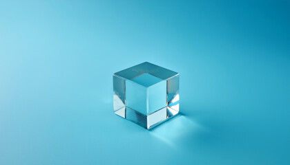 Obraz premium Glass cube standing against light blue backdrop.