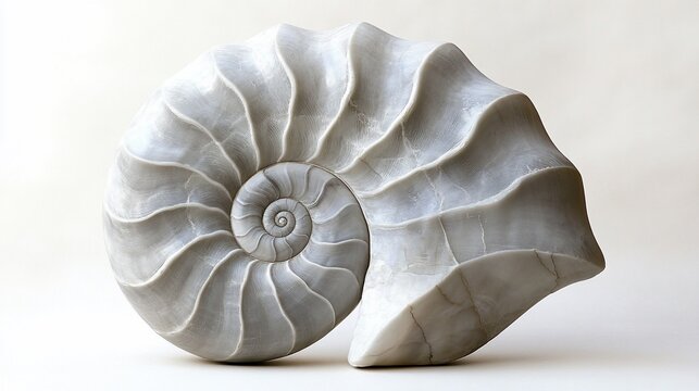 Intricate pearlescent Nautilus shell with captivating chambers on plain background