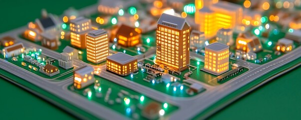 Obraz premium Miniature illuminated model of a modern vibrant city landscape