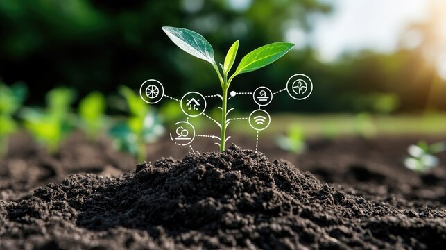 A sprouting plant rises from soil with icons for water, air, and energy in a vibrant green scene, symbolizing sustainability