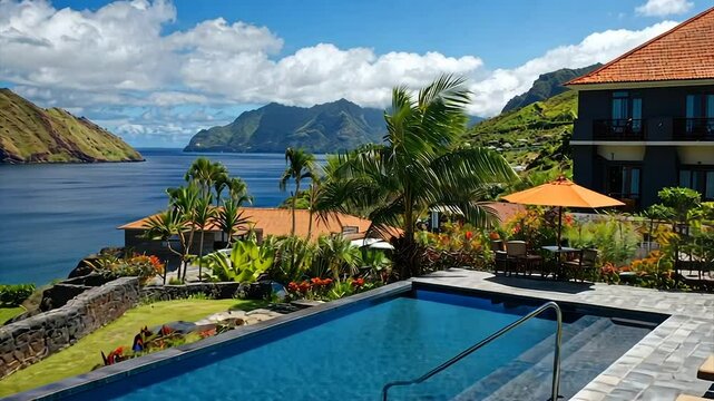 Ocean view resort with infinity pool, lush landscaping, and terracotta rooftops